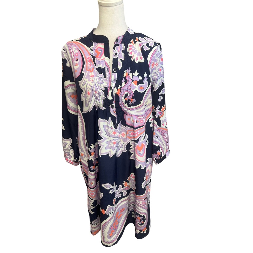 Gap Paisley Boho Shift Dress Sz S Silky Blue Pink Retro‎ 70s Office Long Sleeve